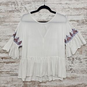 Ariat Embroidered Bell Sleeve Paisley Tunic Women's Top Sz M Red White Blue USA